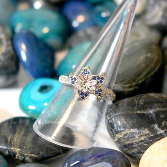 Sterling Silver Blue Flower White Sapphire Ring 8 - Picture 9 of 9